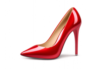 Elegant red high heel stiletto shoe on light isolated, transparent, background,