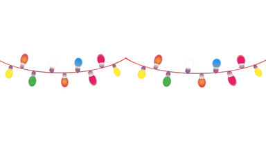 Twinkling Garden Lights Illustration with Pink Blue Green and Yellow Glowing Bulbs Isolated on Transparent Background.