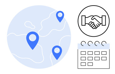 Obraz premium Partnership concept. Partnership illustrated by handshake, global location markers, and calendar for collaboration and planning. Partnership for networking, scheduling, logistics, teamwork, event