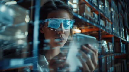 The woman is holding a smartphone and viewing holographic in front of her. She appears focused on the digital content displayed by the device. - Powered by Adobe