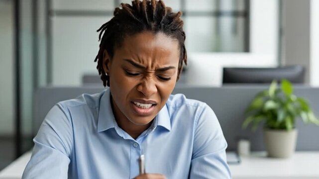 Stressed African American Woman in Office Environment with a Pen Looking Concerned
