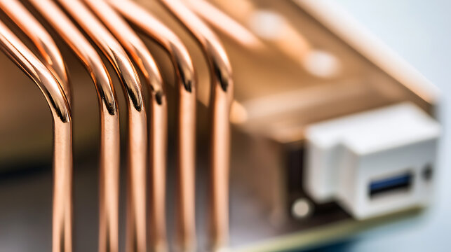 A close-up shot showcases sleek, metallic copper pipes running parallel, reflecting light. Adjacent is a white USB port. The image focuses on technology hardware components.