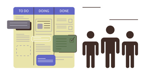 Kanban-style board with tasks in stages To Do, Doing, Done and three team members. Ideal for teamwork, organization, productivity, workflow, project planning management task tracking. Simple flat © robu_s
