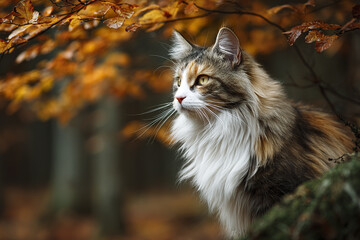 Obraz premium Elegant cat outdoors in autumn forest with colorful foliage background, showcasing its fluffy fur and attentive gaze, creating serene and natural atmosphere