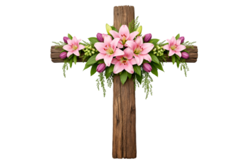 Rustic wooden cross with beautiful pink lilies and floral decor isolated on white