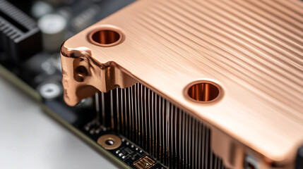 Macro shot of a copper heat sink on a computer motherboard, showcasing its design and functionality. Close-up of technology hardware, system cooling, and electronic components.