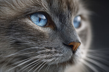Blue eyed cat close up portrait with soft fur and detailed whiskers, shallow depth of field highlighting expressive gaze and delicate texture of nose and face