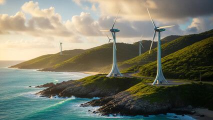 Futuristic wind turbine farm on coastal landscape with blue ocean and sustainable energy concept