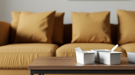 Cozy living room scene with takeout containers on a wood table, with a plush mustard-colored sofa in the background, and a modern, minimalist aesthetic. Warm, inviting space.