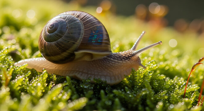 Slow Snail on Green Moss in Sunlight