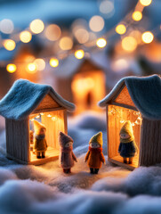 Christmas market scene with miniature felt houses and small figurines illuminated by warm light. Cozy winter fairy tale setting for holiday storytelling