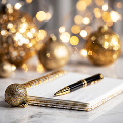 Notebook and pen on a warm Christmas background with garland lights and gold decor. Flat lay composition, New Year planning, goals, lifestyle organization, and seasonal productivity concepts.