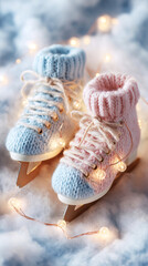 Knitted children ice skates in pastel colors placed among decorative snow and garland lights. Cozy family winter lifestyle scene highlighting childhood, warmth, and seasonal holiday atmosphere.