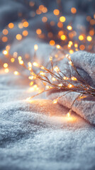 Snow covered branch decorated with glowing garland lights creating a calm winter mood. Natural background with hygge atmosphere  for seasonal designs, holiday visuals, and cozy winter concepts.