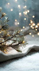 Snow-covered spruce branch decorated with warm string lights on a cozy blanket background. Atmospheric winter nature scene for seasonal storytelling, backgrounds, lifestyle visuals, and holiday design