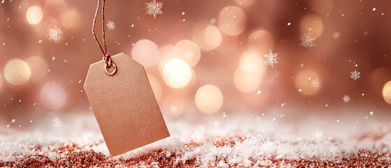 Blank paper tag on a pink and gold background with glitter texture. Christmas and New Year sale mockup with romantic mood, for promotions, branding, seasonal advertising, and festive announcements.