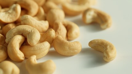 Closeup of cashews on white background