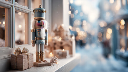 Festive Christmas shop window with wooden nutcracker, decorative toys, and warm lights. Cozy winter street atmosphere for holiday shopping, seasonal promotions, and city celebration visuals.