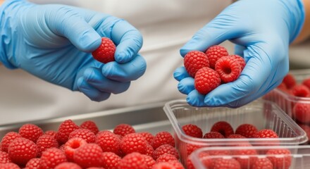 Medium shot of hands inspecting berry firmness and texture before packaging to maintain freshness and consistency