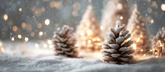 Snowy background with pine cones, glowing bokeh, and depth of field. Calm Christmas winter scene with illumination and shimmer, seasonal banners and festive visual design.