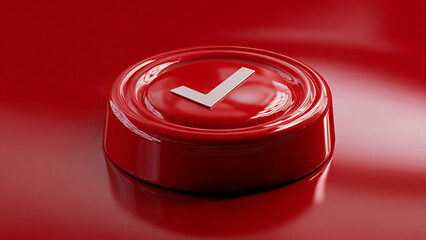 Prominent red vote button with checkmark on glossy surface viewed from directly above