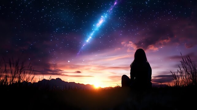 Woman silhouette watching meteor shower over mountain landscape at sunset with starry sky and cosmic light trail for astronomy and nature themes.