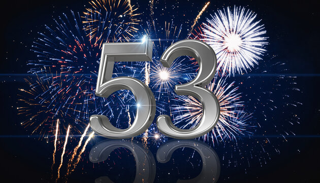 Silver number 53 with fireworks in the background. Festive scene for birthday or anniversary party