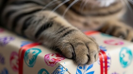 Close-up of a domestic cats paw resting on a colorful gift box, showcasing its striped fur and delicate claws.