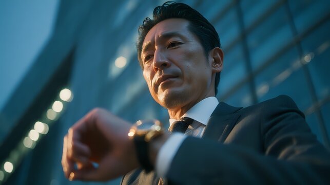 Professional Asian businessman in dark suit checking time on wristwatch against modern glass building backdrop during evening hours for corporate success concepts. - Powered by Adobe