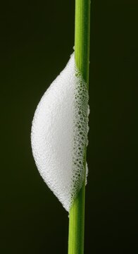 White frothy cuckoo spit foam created by a spittlebug nymph clings tightly to a vibrant green plant stem in the warm sunlight, froth, micro, natural