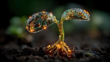 Young plant seedling sprouting from dark soil with glowing golden light effects and energy patterns symbolizing growth, life force and natural development.