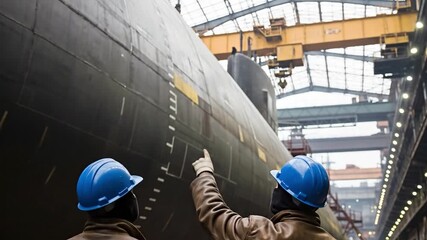 Industrial Workers Inspecting Submarine Construction in Shipyard with Blue Hard Hats