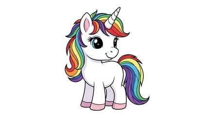 Naklejka premium Cute cartoon unicorn with rainbow mane and tail on white background. Colorful magical pony character isolated for children designs and fantasy projects.