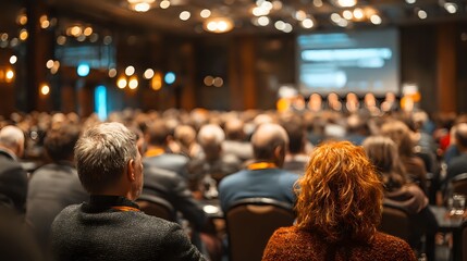 Business conference audience listening to presentation with blurred speaker and warm lighting creating professional corporate atmosphere.