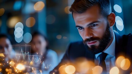 Professional businessman analyzing financial data with digital charts and graphs in modern office environment with bokeh lights background.