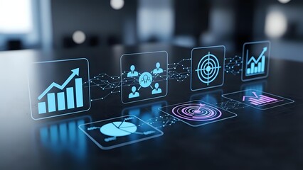 Digital business analytics dashboard with glowing holographic charts, graphs and data visualization icons floating above modern office desk for corporate strategy.