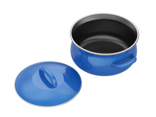 Empty blue enamel cooking pot on transparent background