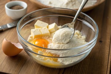 Mixing Ingredients for Baking in a Bowl on a Wooden Table