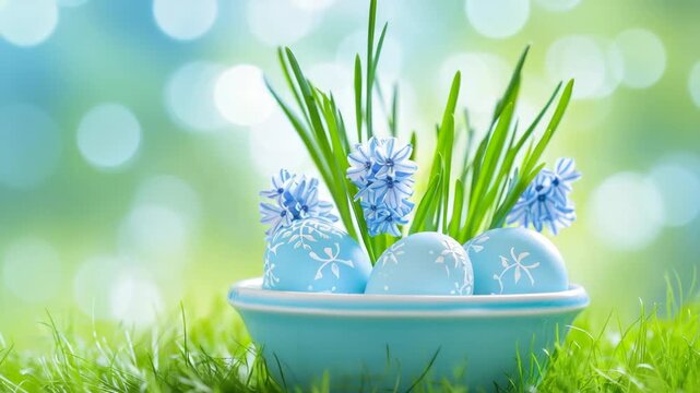A ceramic bowl filled with three blue eggs has purple and white flowers and fresh green grass on the ground.