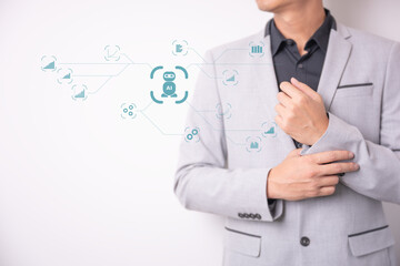 The illustration shows a business icon showing the growth of a business using AI robots with a male businessman in the background.