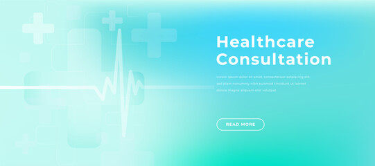 Abstract healthcare heartbeat gradient background with cardiogram line and soft medical cross shapes. Light blue minimal medical bg for hospital and medicine design, health tech, telemedicine services