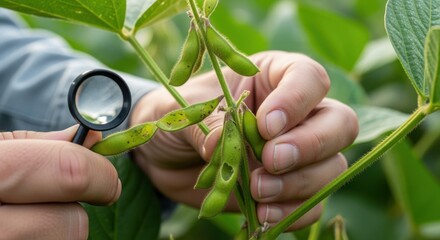 Closeup of a scout examining soybean pods for pest infestation focusing on hands and plant detail with soft natural background.