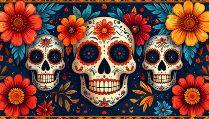 Three vibrantly decorated sugar skulls surrounded by colorful marigolds and folk art patterns, celebrating Dia de los Muertos.