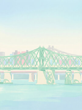 Minimalist flat illustration of a green truss bridge over a river with a pastel city skyline.