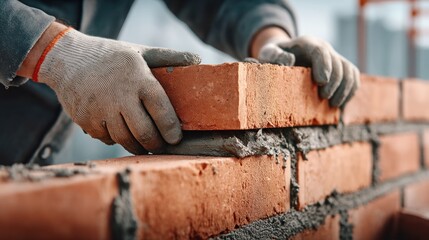 Bricklayer installing a brick on a wall