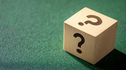 Conceptual image featuring a wooden block with question marks against a green background, representing uncertainty, decisions, and problem-solving in a minimal setting.