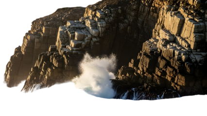 PNG of rugged coastal cliffs with waves crashing, transparent background
