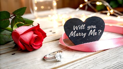 wedding rings and rose on a wooden background with a text " will you marry me ? "