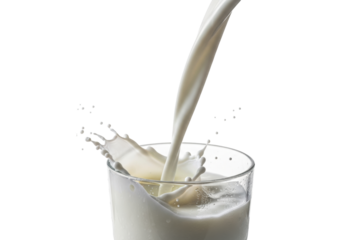 Hyper-realistic macro shot of ultra-white milk pouring dynamically into a frosted glass, creating a frozen crown splash on a shadowless white background. Concept of pure refreshment