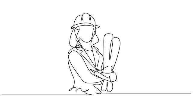 Animated self drawing of continuous line draw young female architect holding blueprint paper. Professional job profession minimalist concept. Full length single line motion.